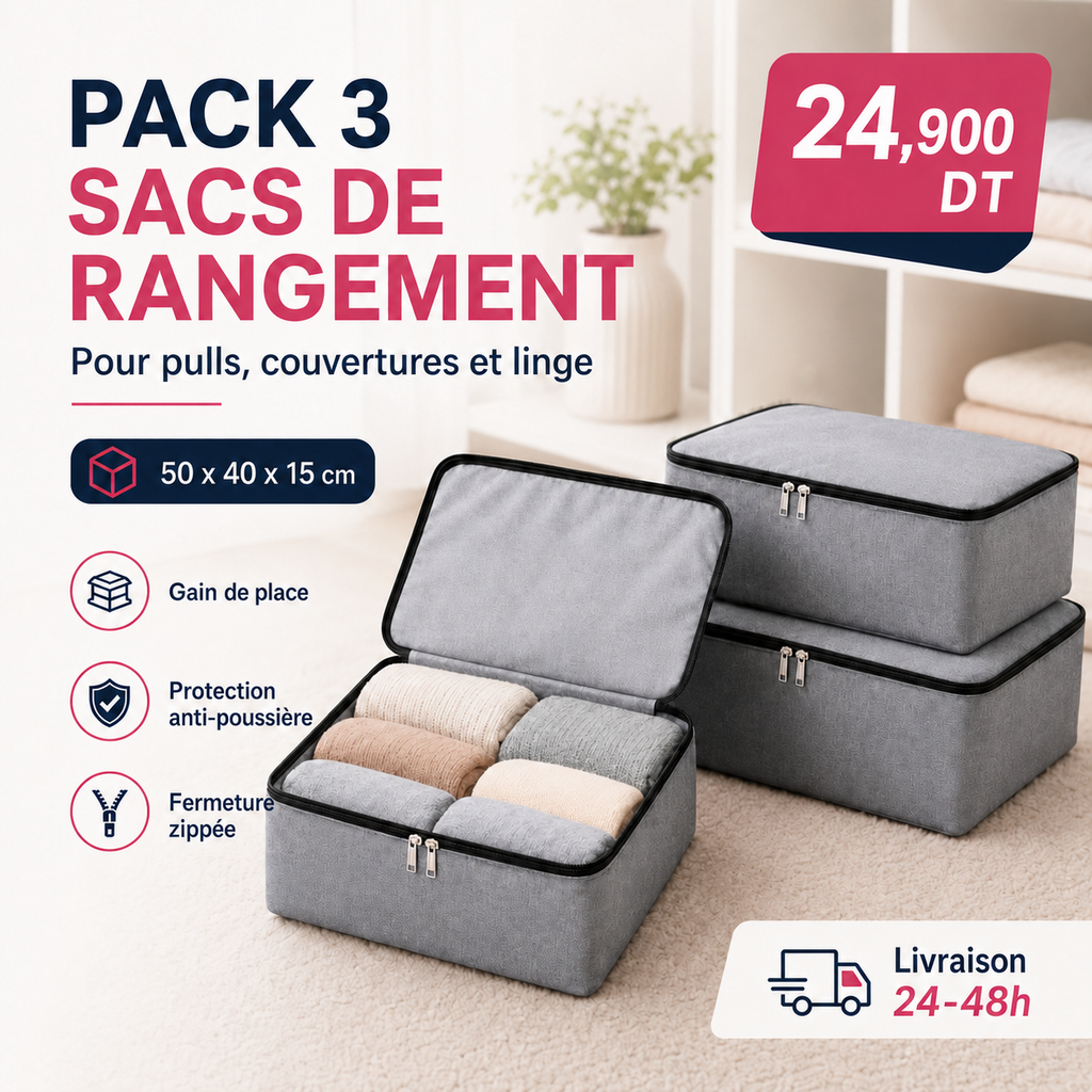 Pack de 3 petits sacs de rangement – 50 × 40 × 15 cm