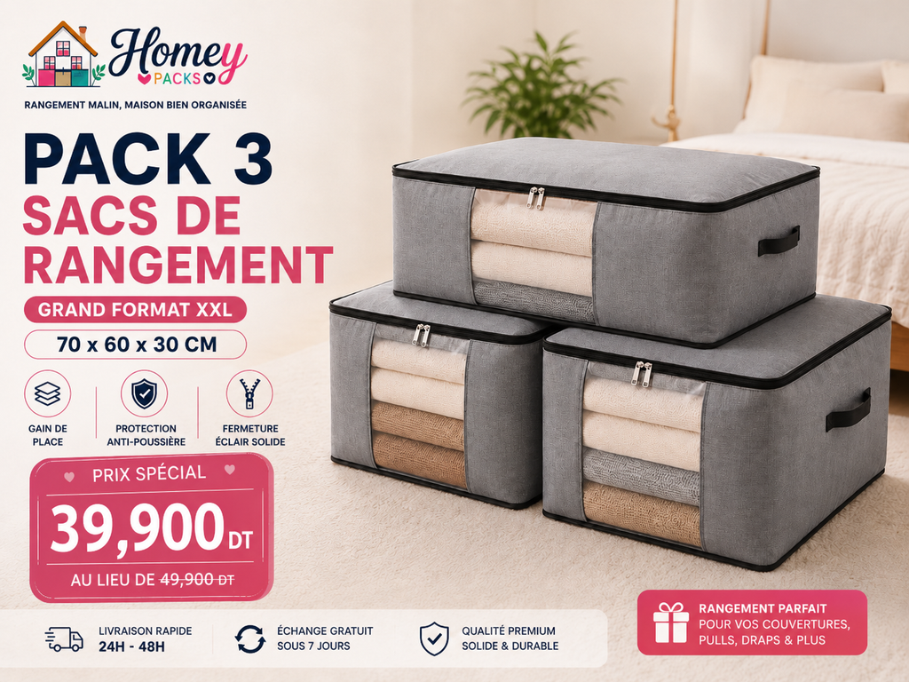 Pack de 3 grands sacs de rangement XXL – 70 × 60 × 30 cm