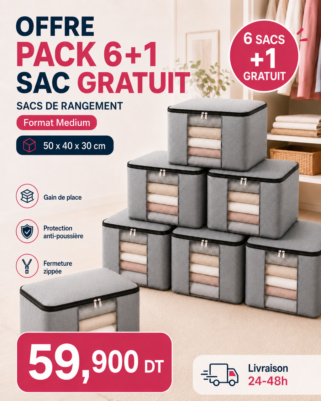 Pack 6 + 1 sac de rangement gratuit – Format Medium 50 × 40 × 30 cm