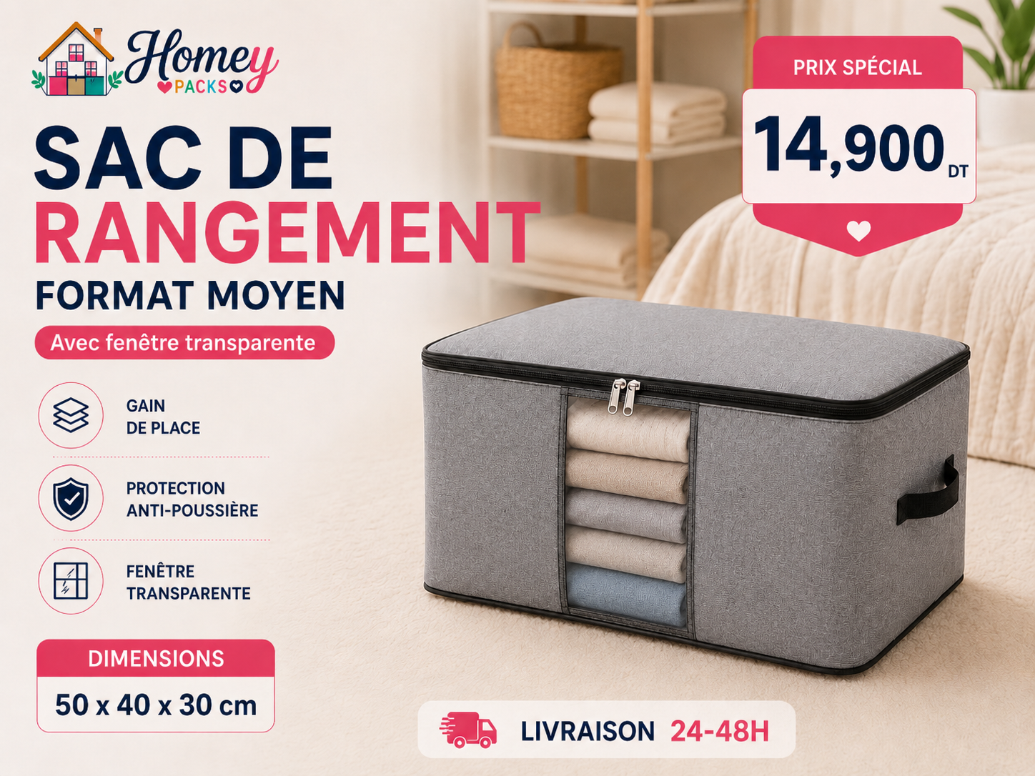Sac de rangement format moyen – 50 × 40 × 30 cm