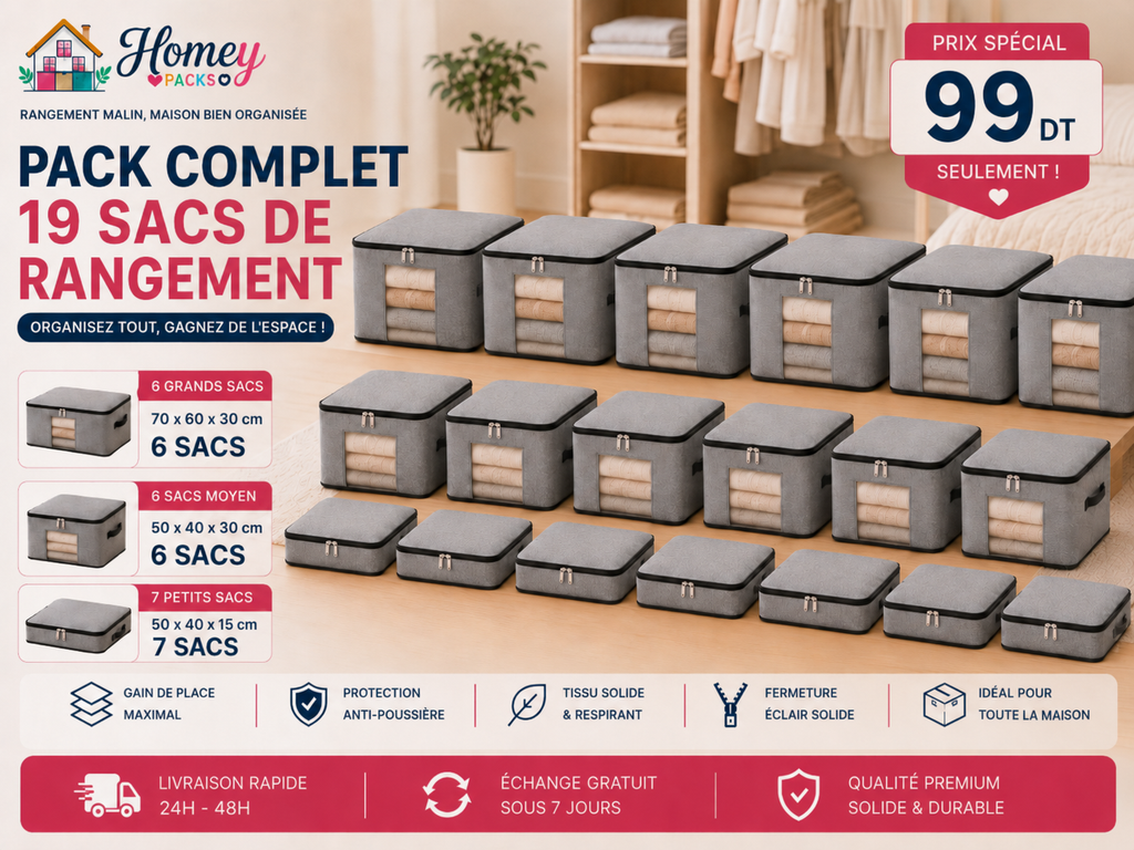 Pack complet de 19 sacs de rangement – 3 dimensions