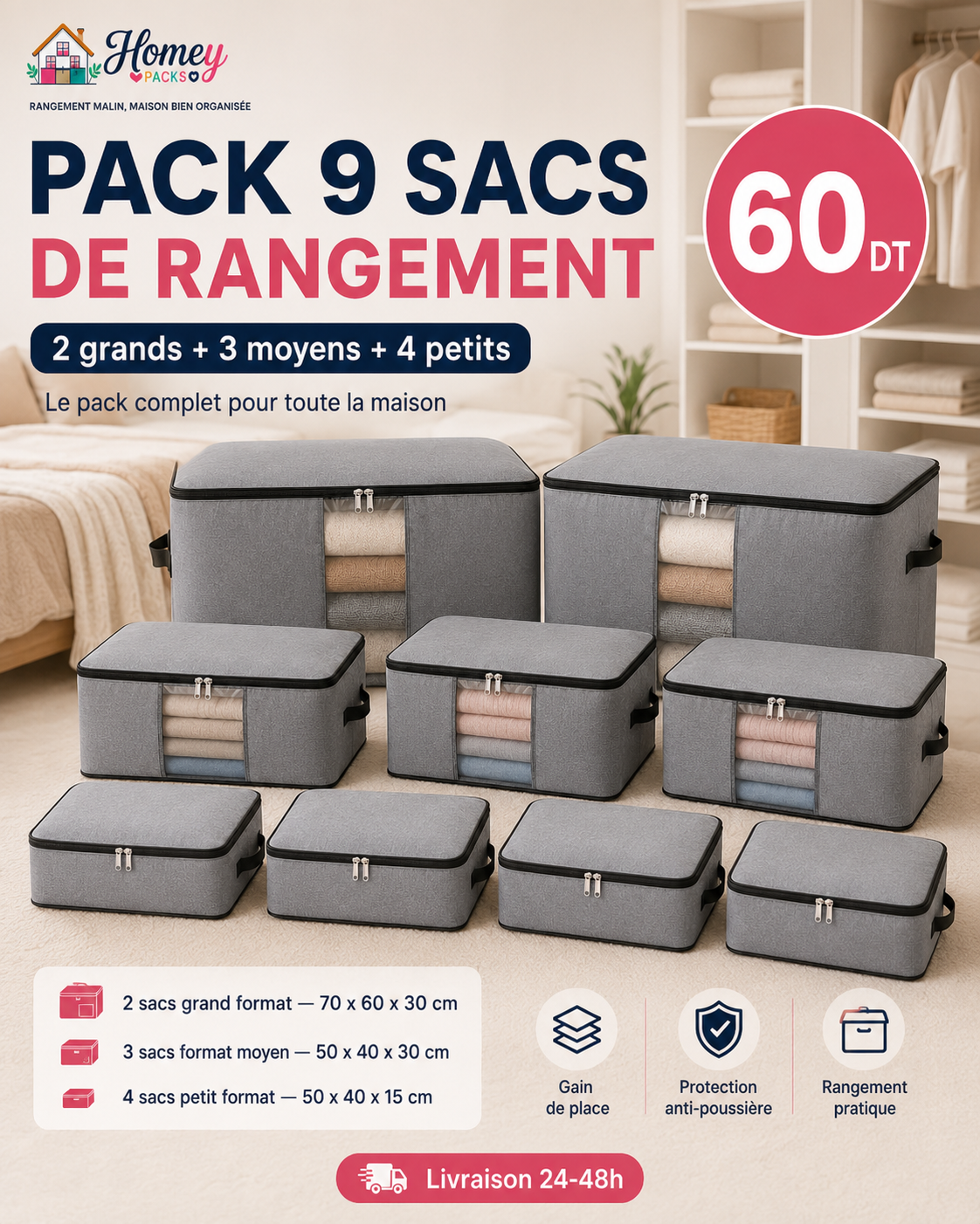 Pack de 9 sacs de rangement – 3 dimensions